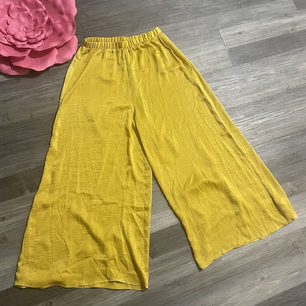 SHOW ME YOUR MUMU Sz M Marigold Satin Explorer Pants Wide Leg Boho Elastic Waist
